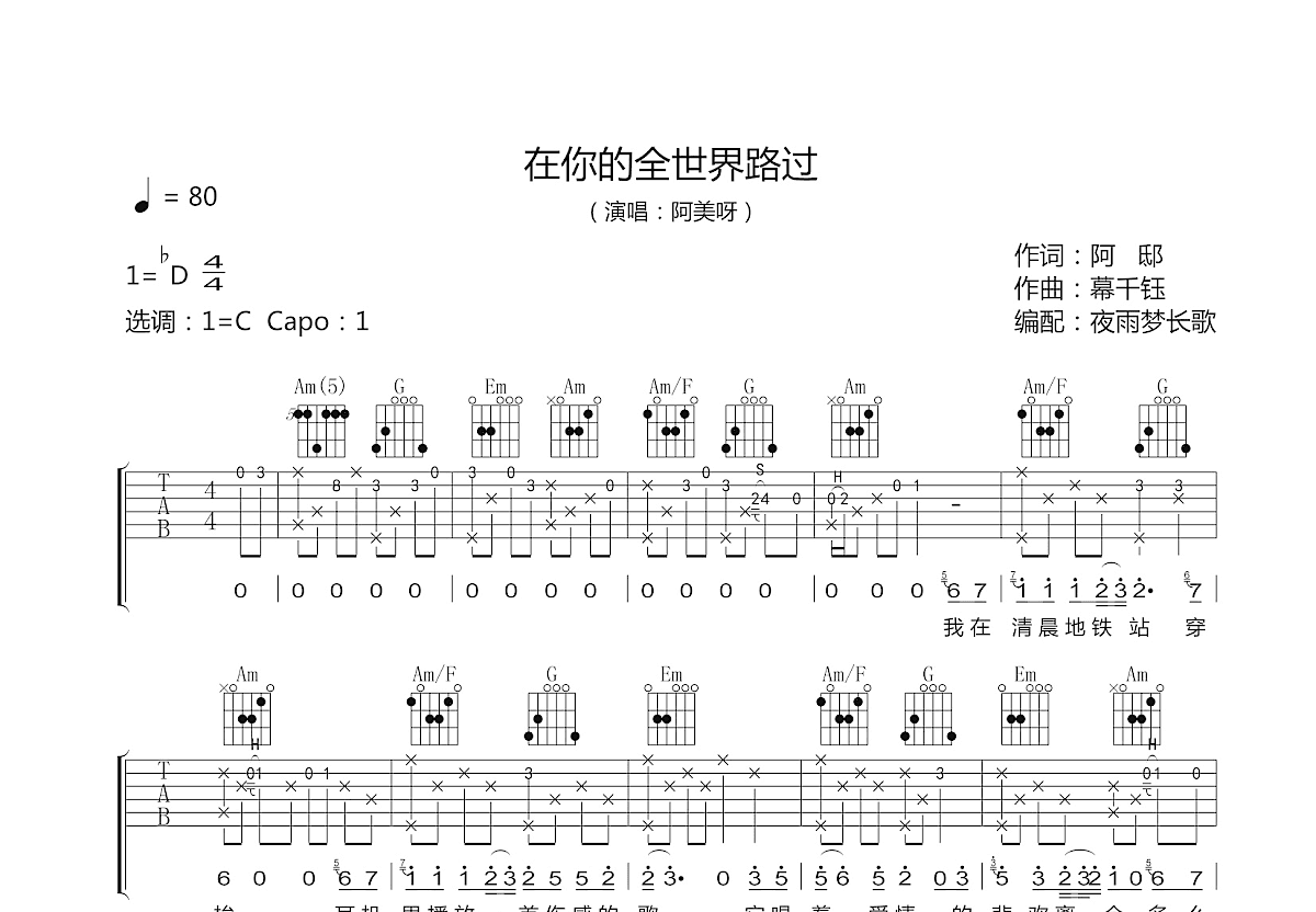在你的全世界路过吉他谱_阿美呀_C调弹唱