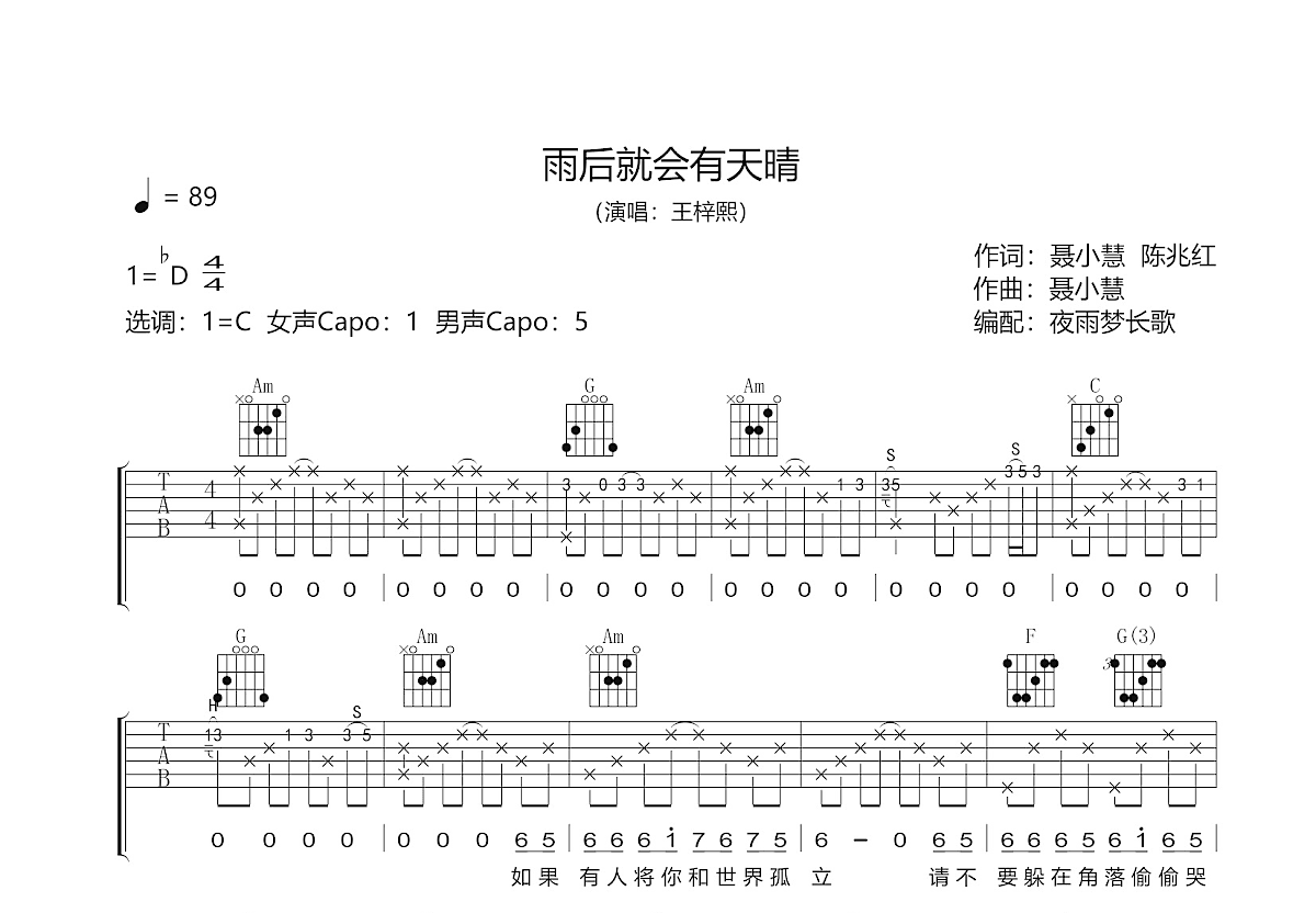 雨后就会有天晴吉他谱_王梓熙_C调弹唱