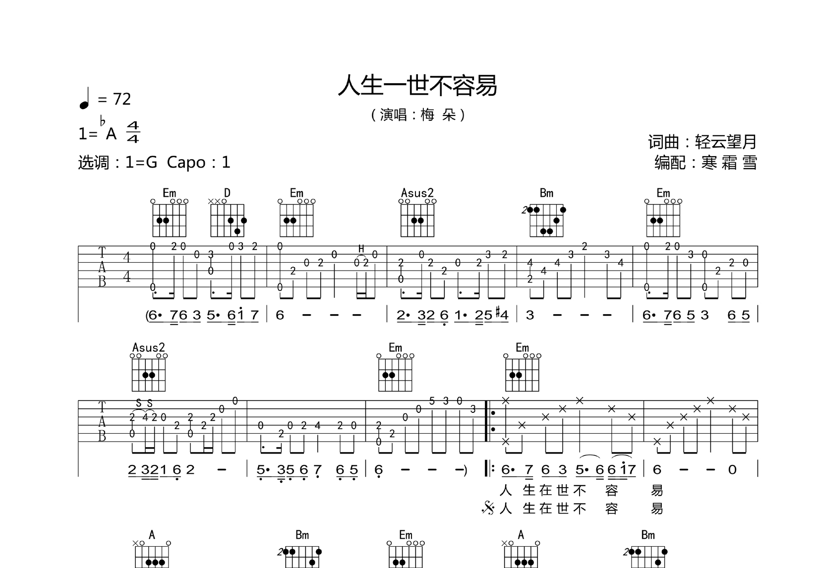 人生一世不容易吉他谱预览图