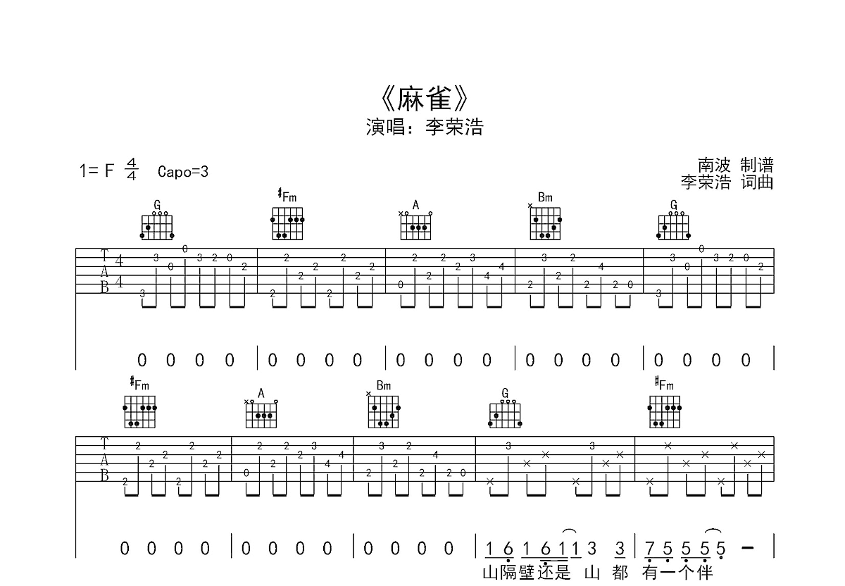 麻雀吉他谱预览图