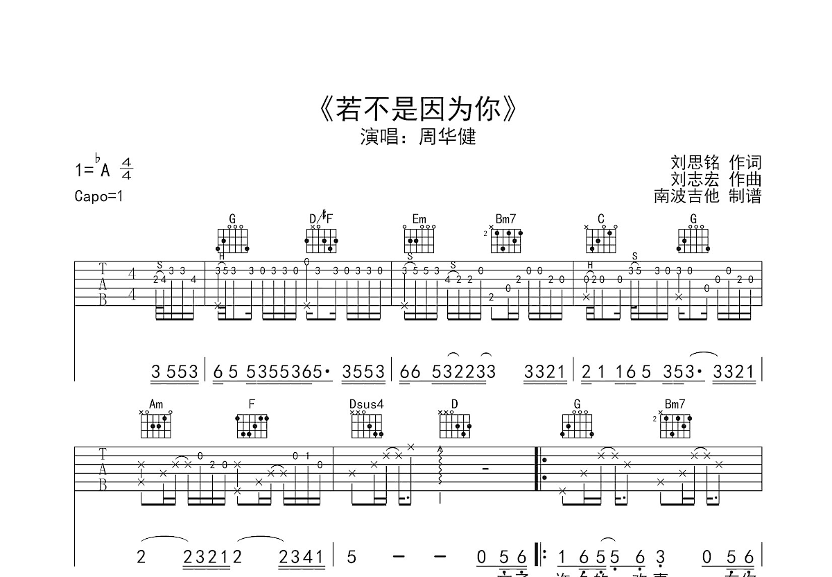 若不是因为你吉他谱预览图