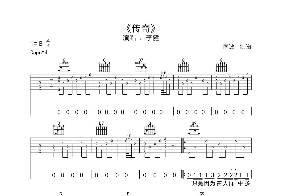 传奇吉他谱预览图