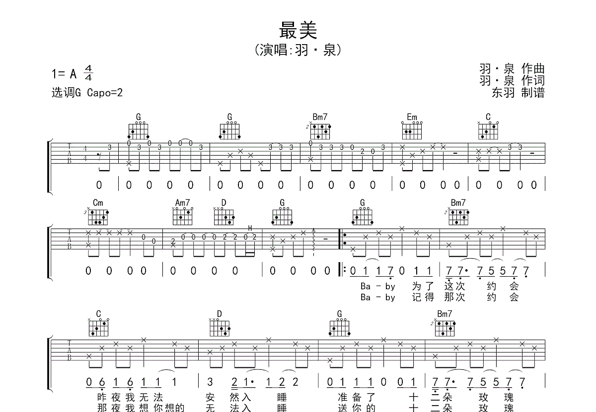 最美吉他谱预览图
