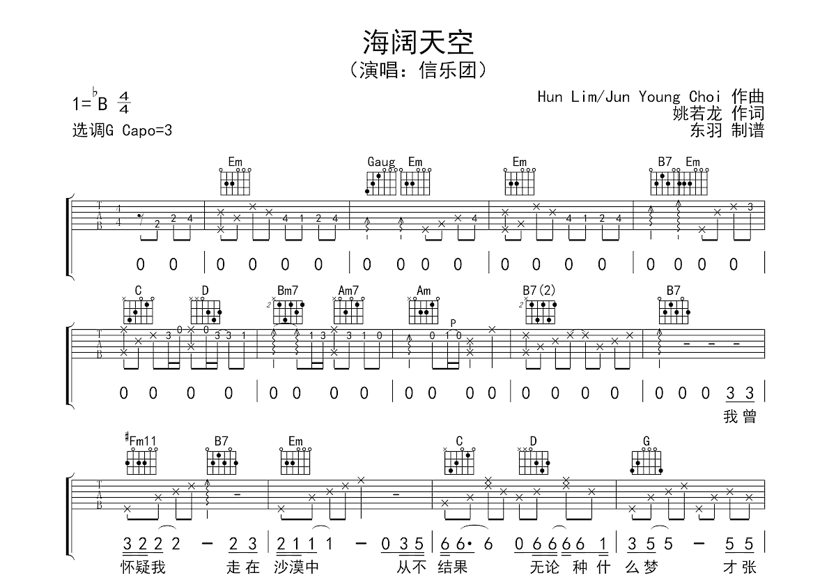 海阔天空吉他谱预览图