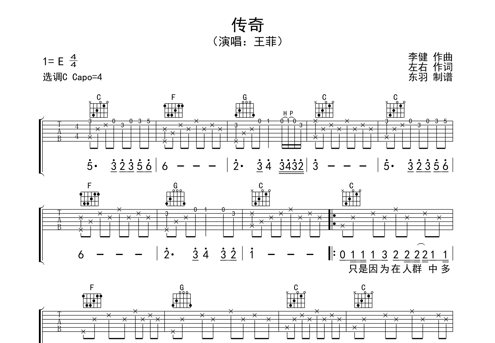 传奇吉他谱预览图