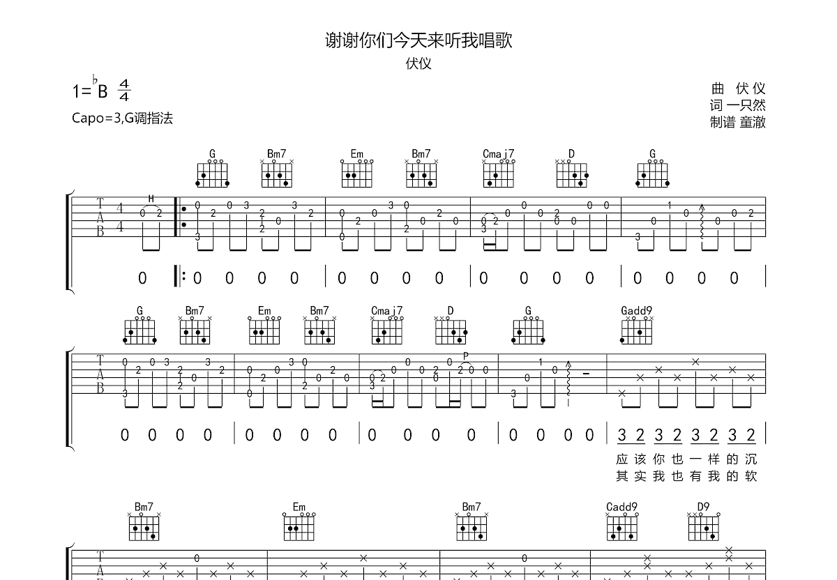 谢谢你们今天来听我唱歌吉他谱预览图