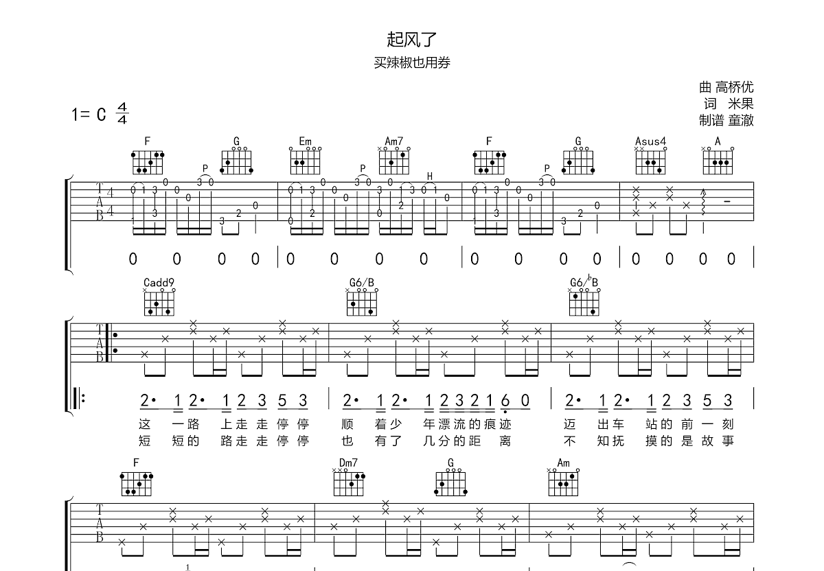 起风了吉他谱预览图