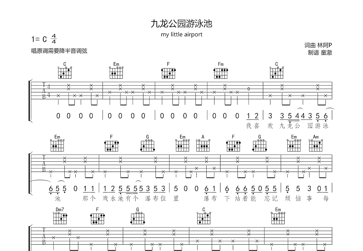 九龙公园游泳池吉他谱预览图