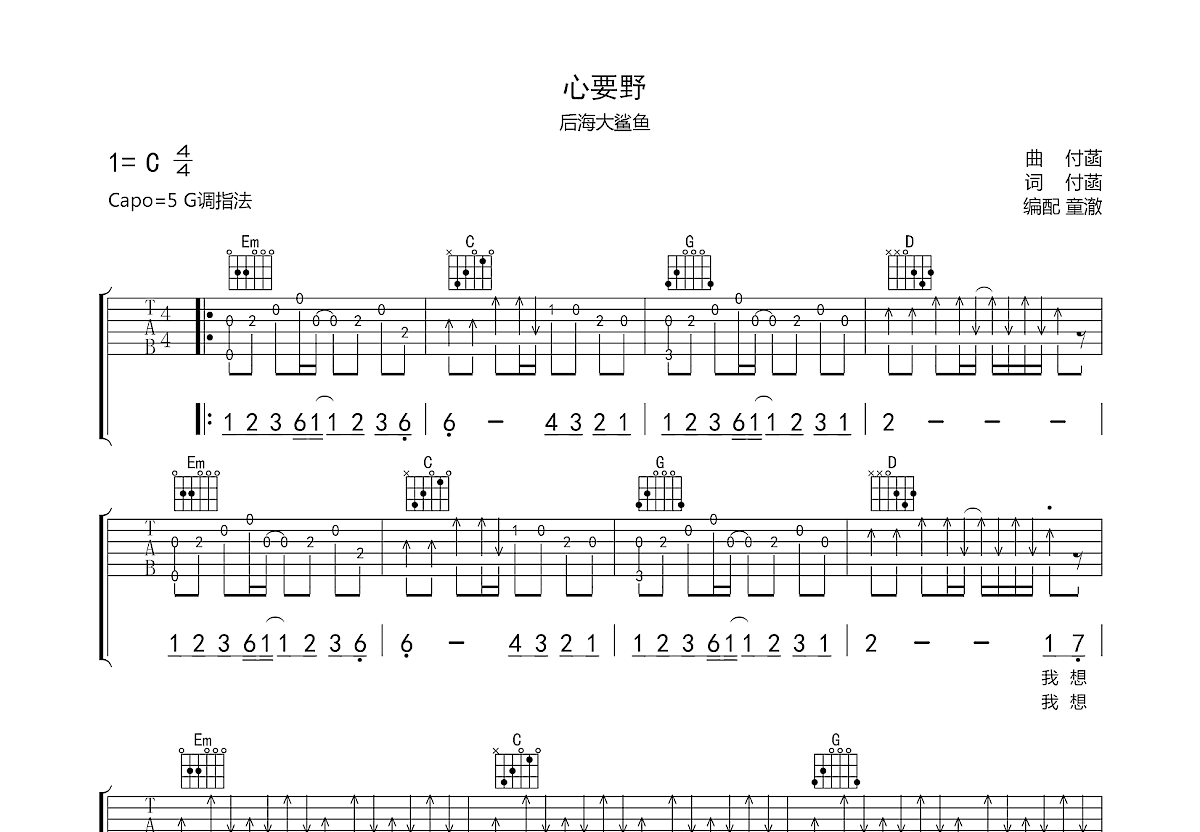 心要野吉他谱预览图