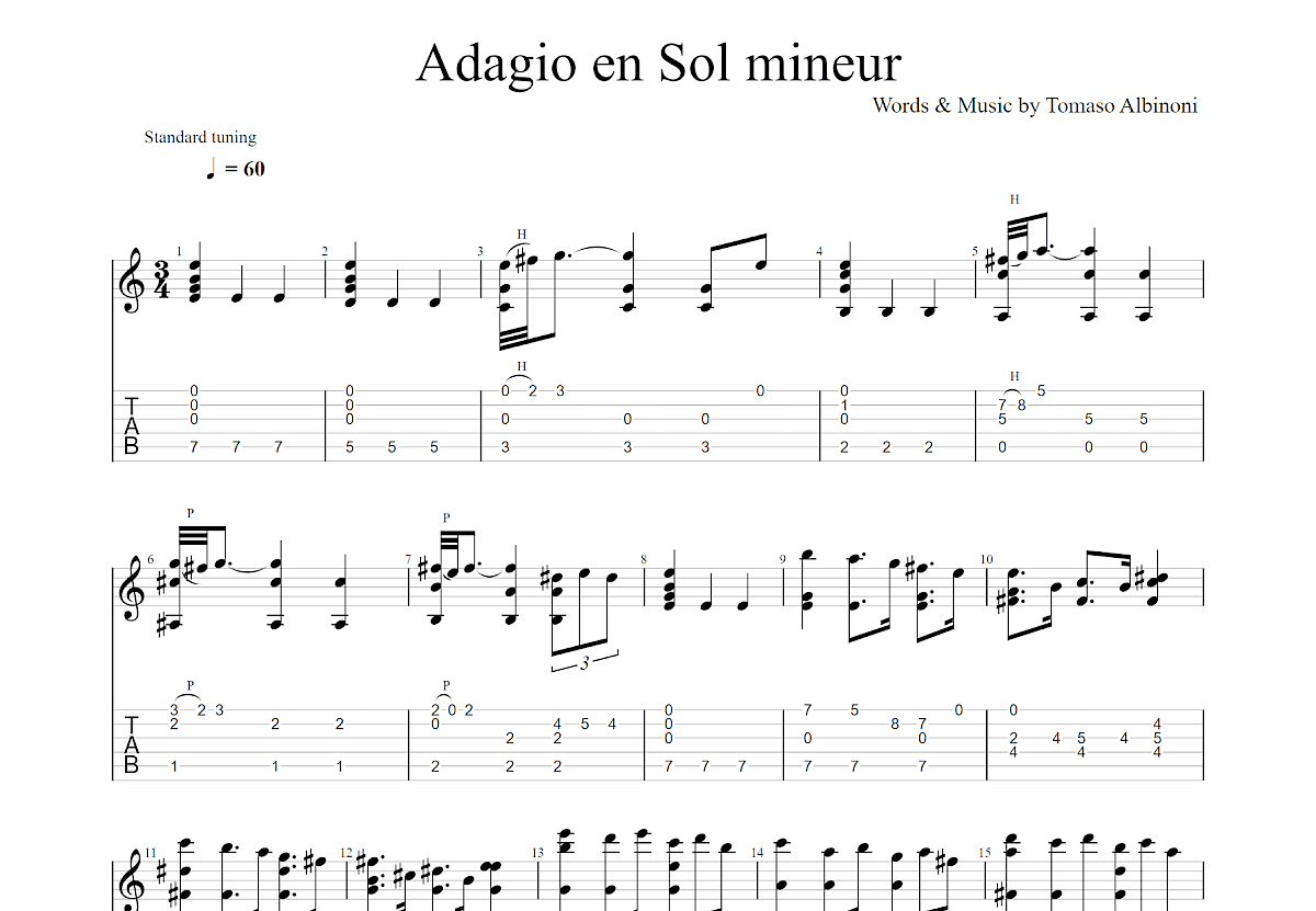 Adagio en Sol mineur吉他谱预览图