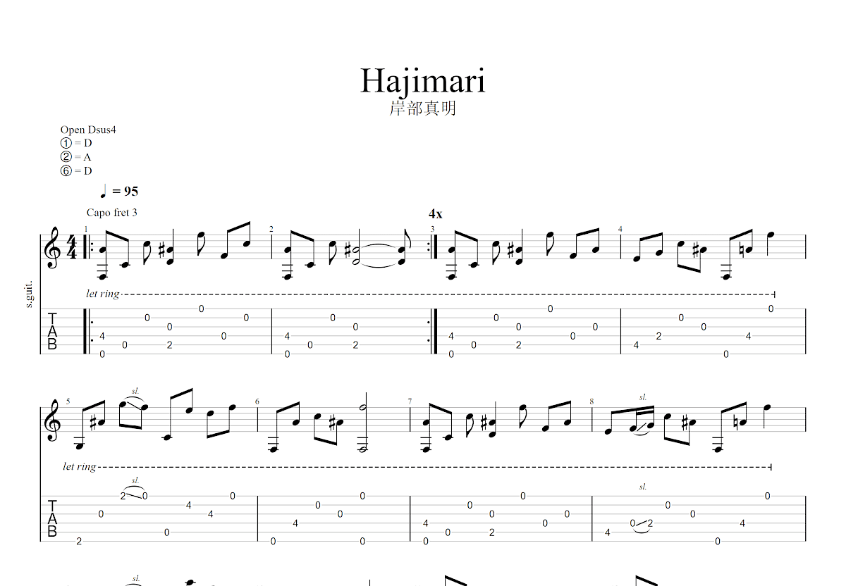 Hajimari吉他谱_岸部真明_D调指弹