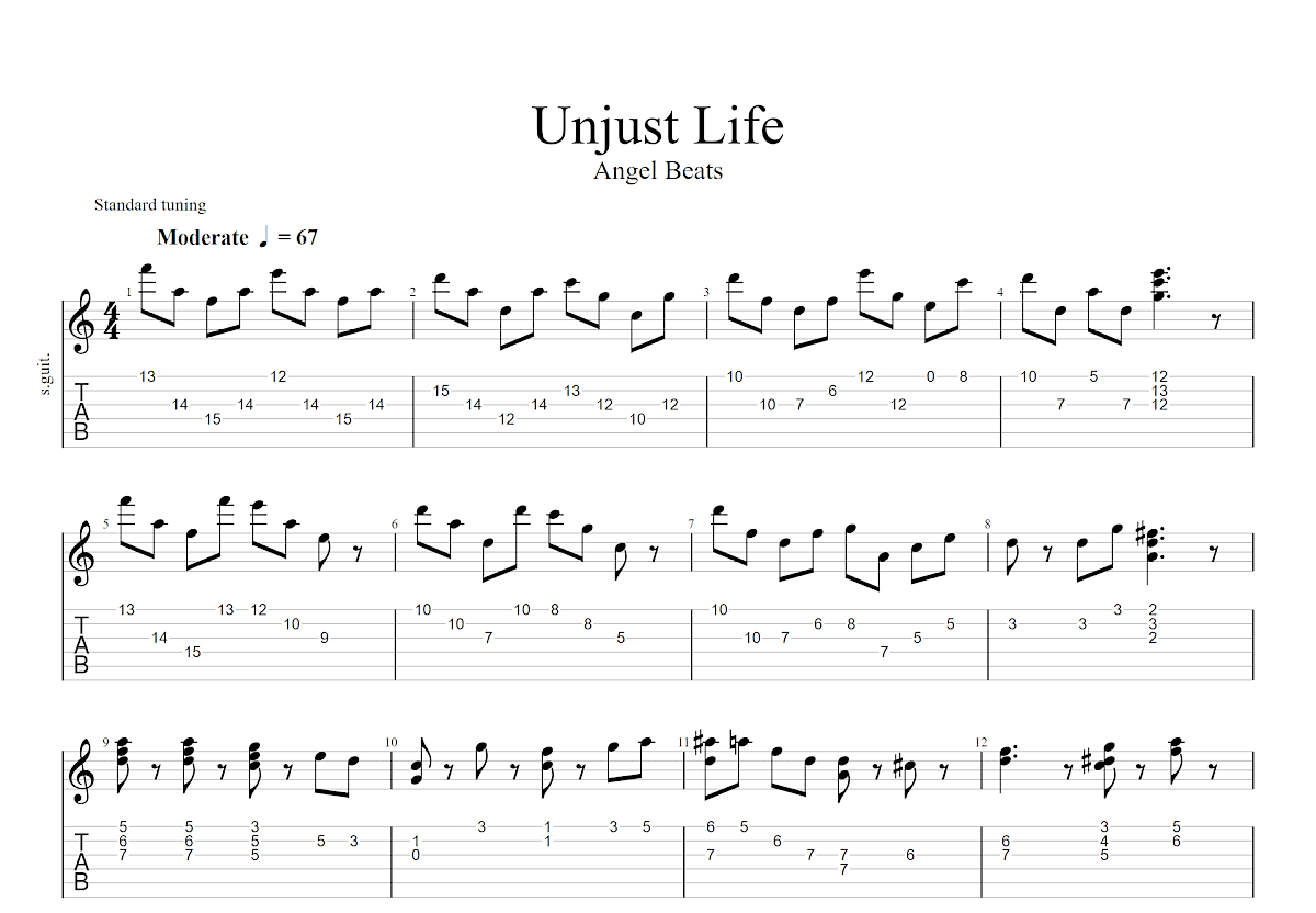 Unjust Life吉他谱_Angel Beats_C调指弹