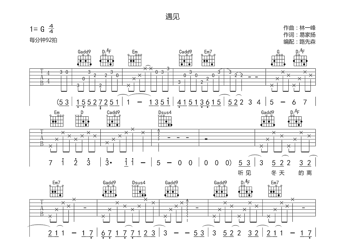 遇见吉他谱预览图