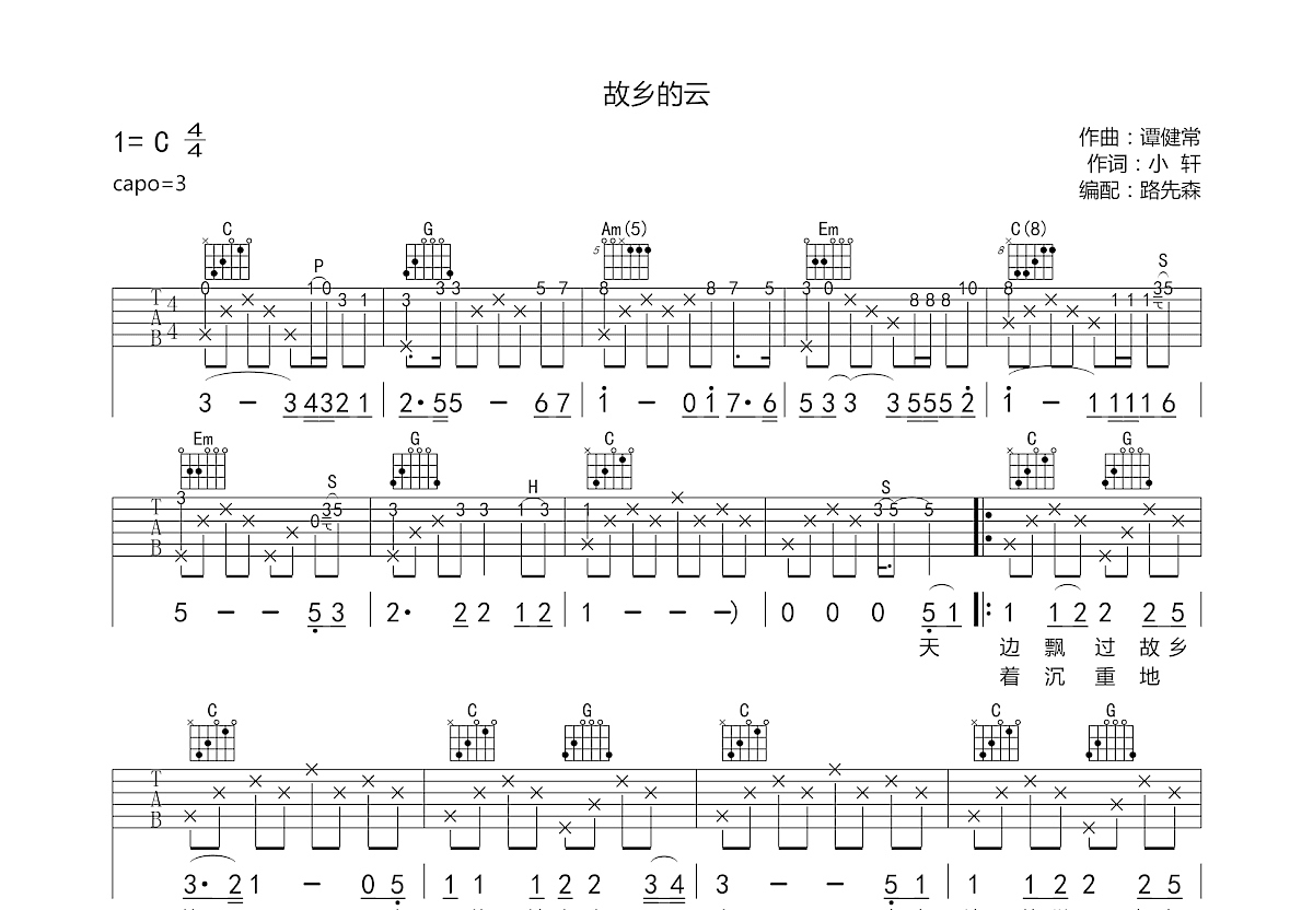 故乡的云吉他谱预览图