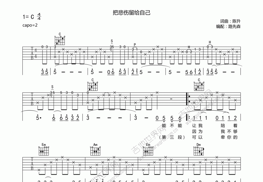 把悲伤留给自己吉他谱预览图