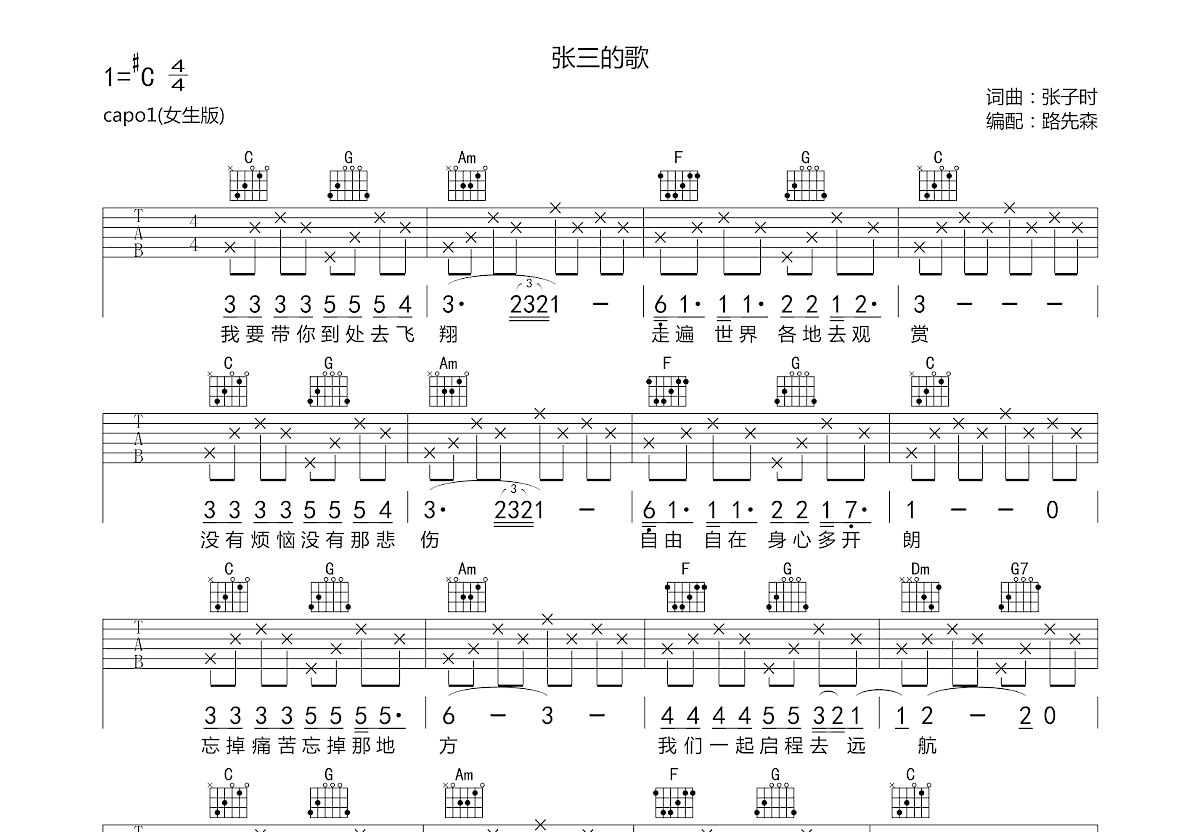 张三的歌吉他谱预览图