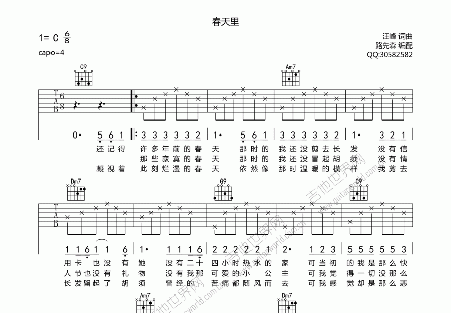 春天里吉他谱预览图
