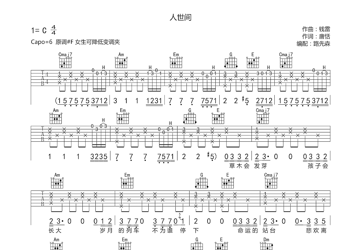 人世间吉他谱预览图