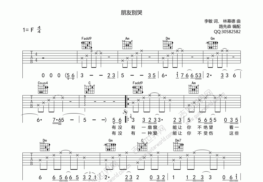 朋友别哭吉他谱预览图
