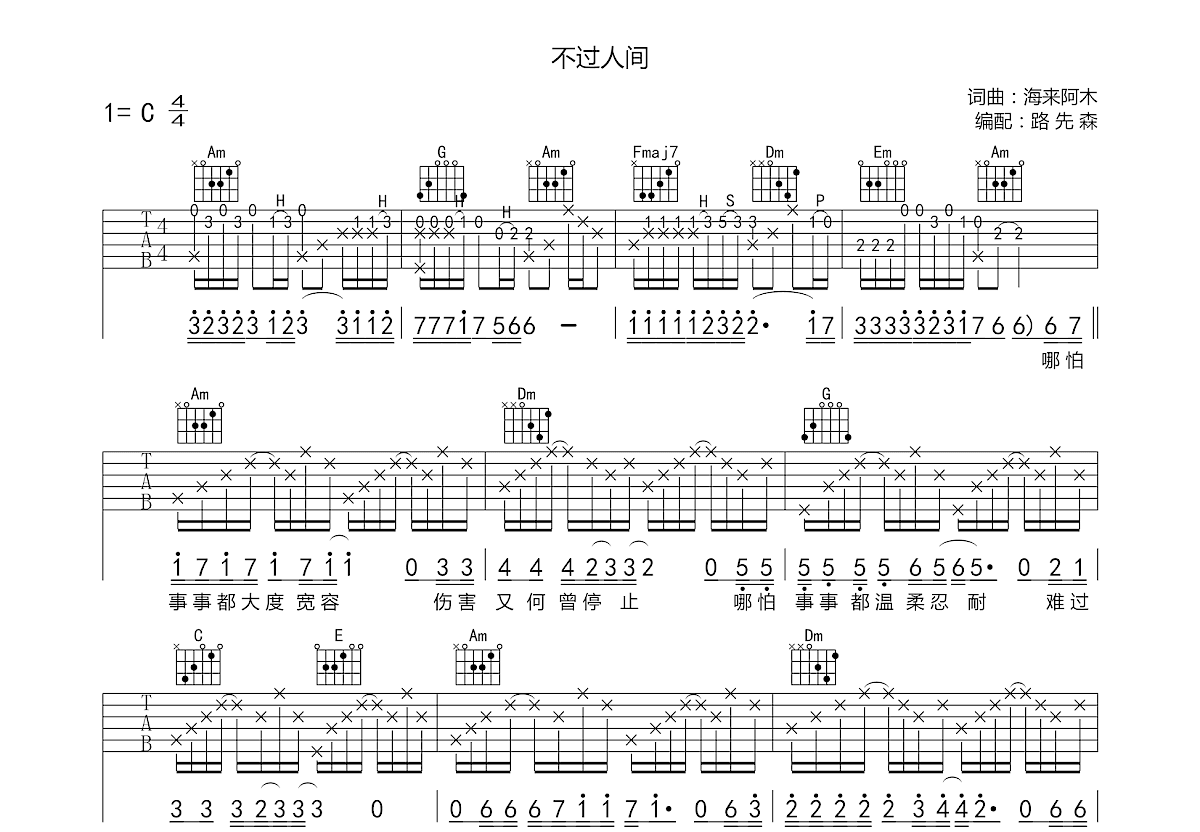 不过人间吉他谱预览图