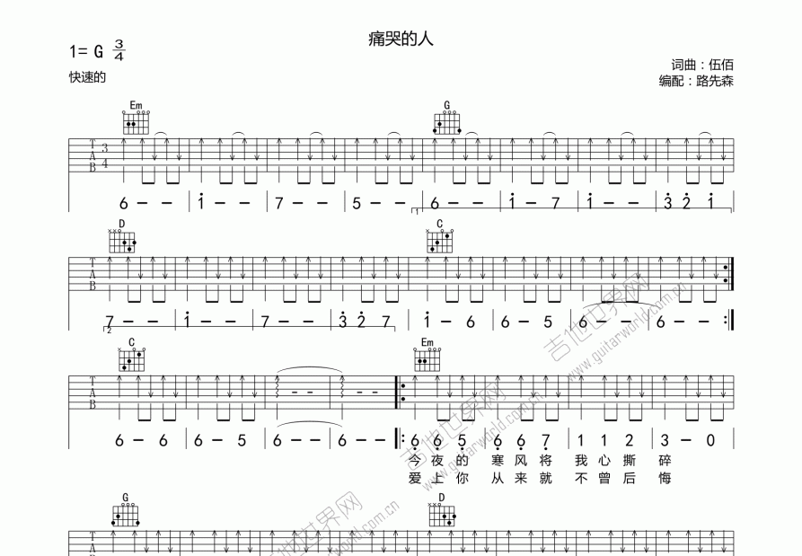 痛哭的人吉他谱预览图