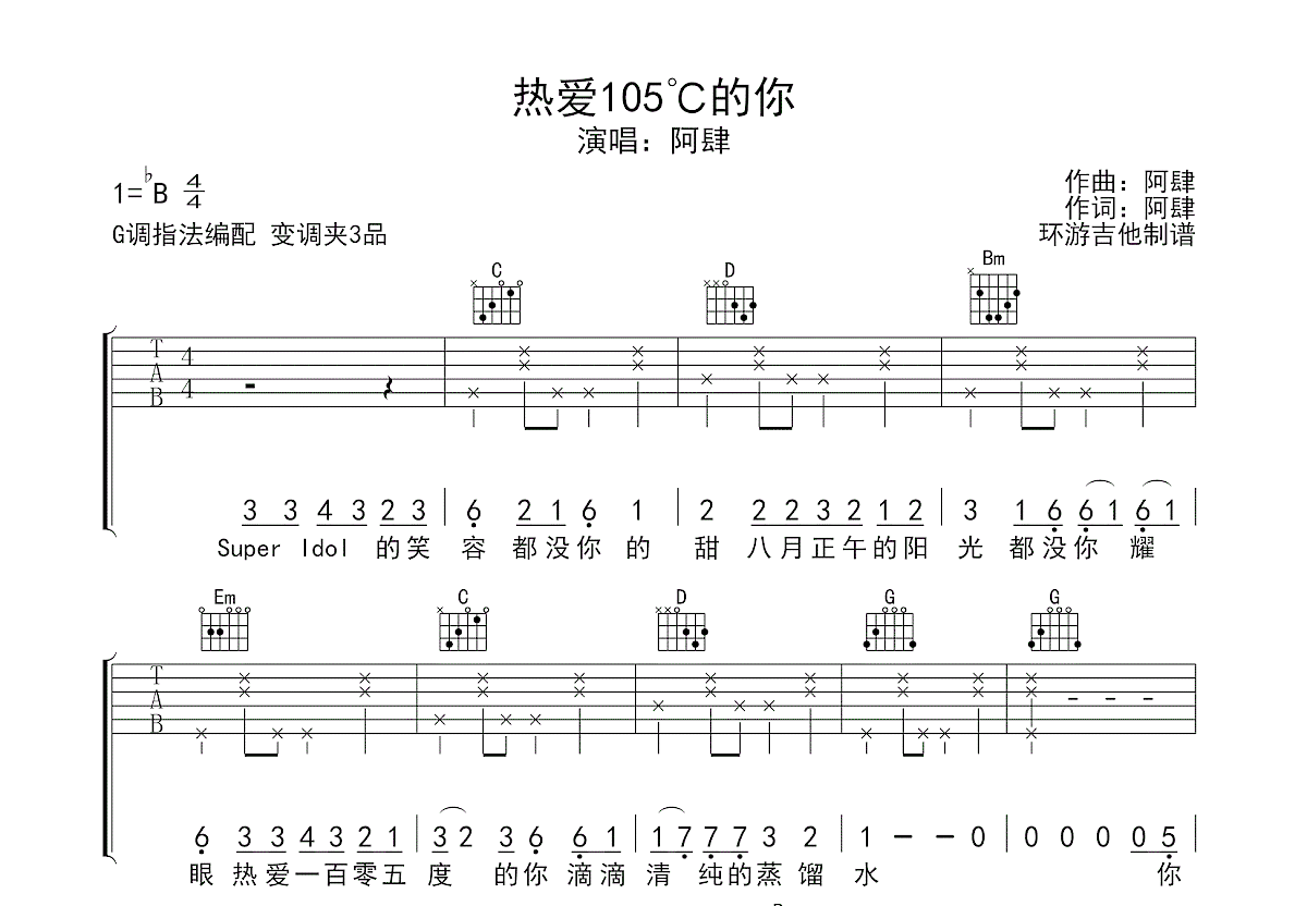 热爱105℃的你吉他谱预览图