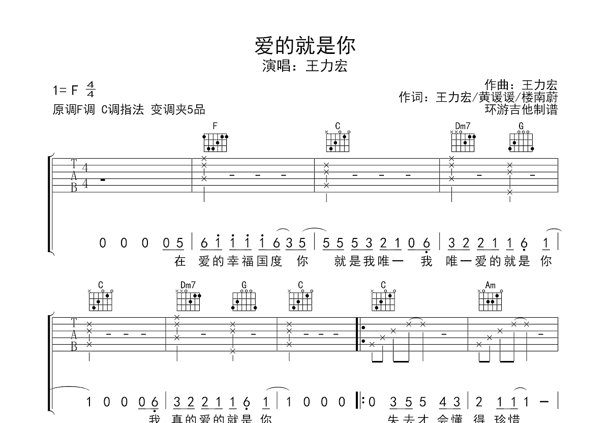 爱的就是你吉他谱 王力宏 C调弹唱57 单曲版 吉他世界