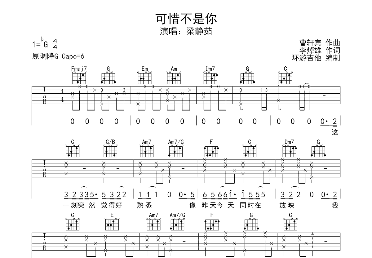 可惜不是你吉他谱预览图