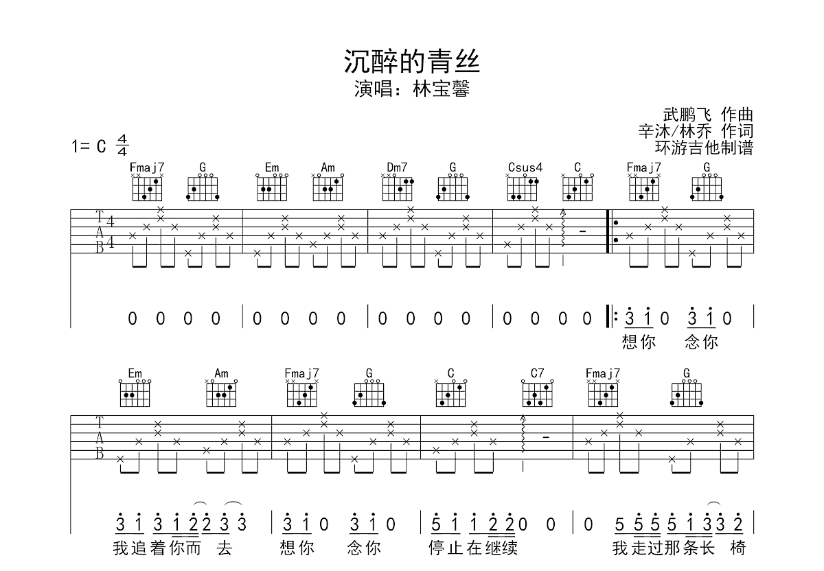 沉醉的青丝吉他谱预览图