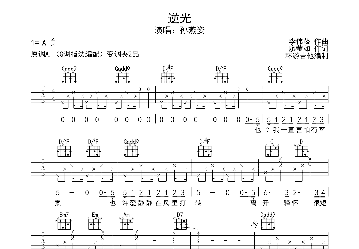 逆光吉他谱预览图