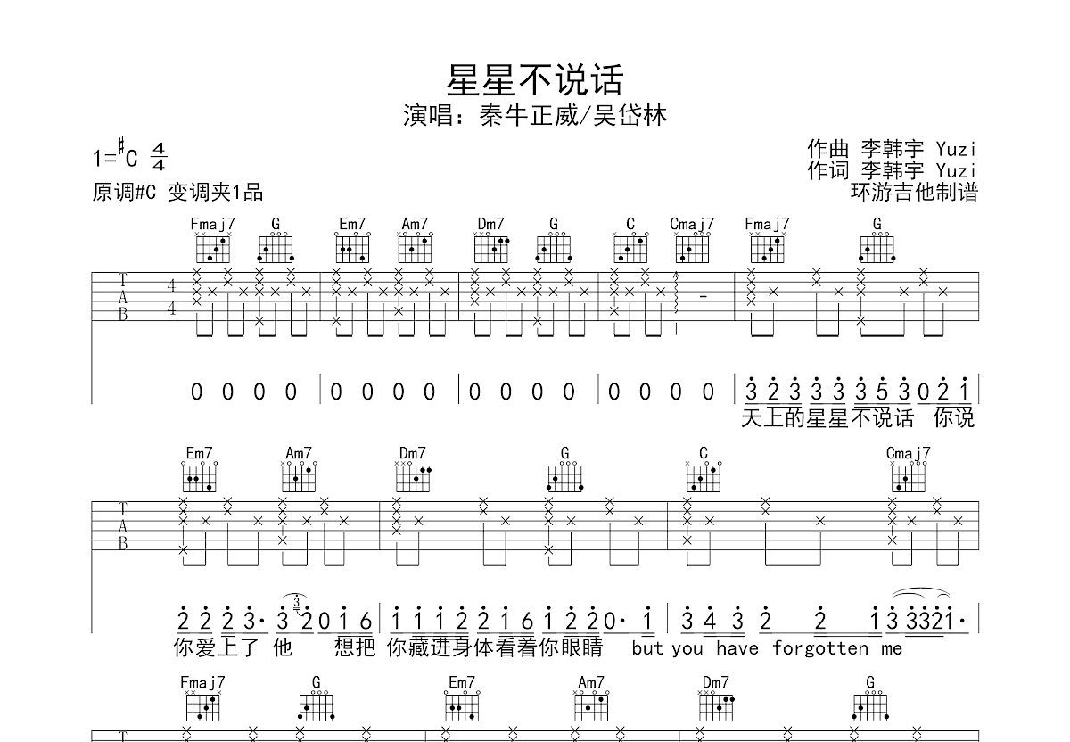 星星不说话吉他谱预览图