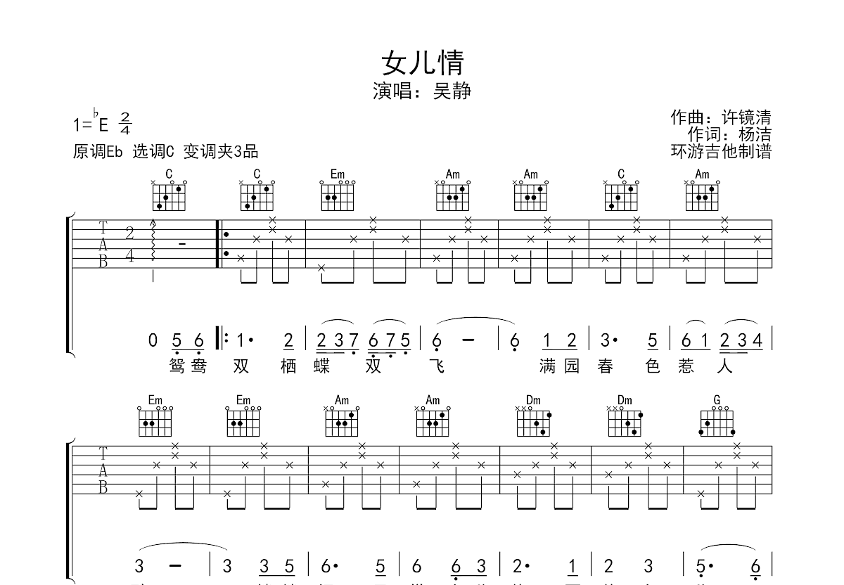 女儿情吉他谱预览图