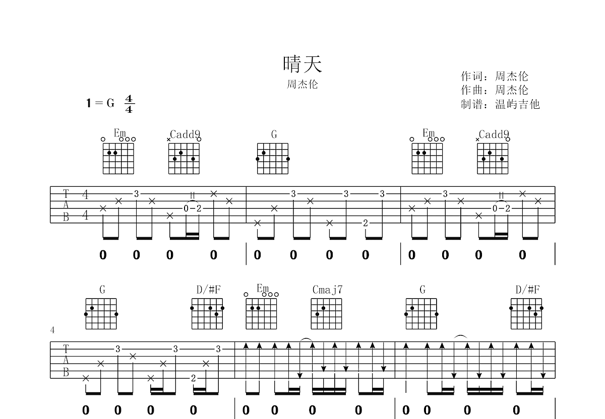 晴天吉他谱预览图