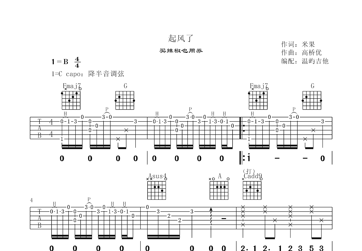起风了吉他谱预览图