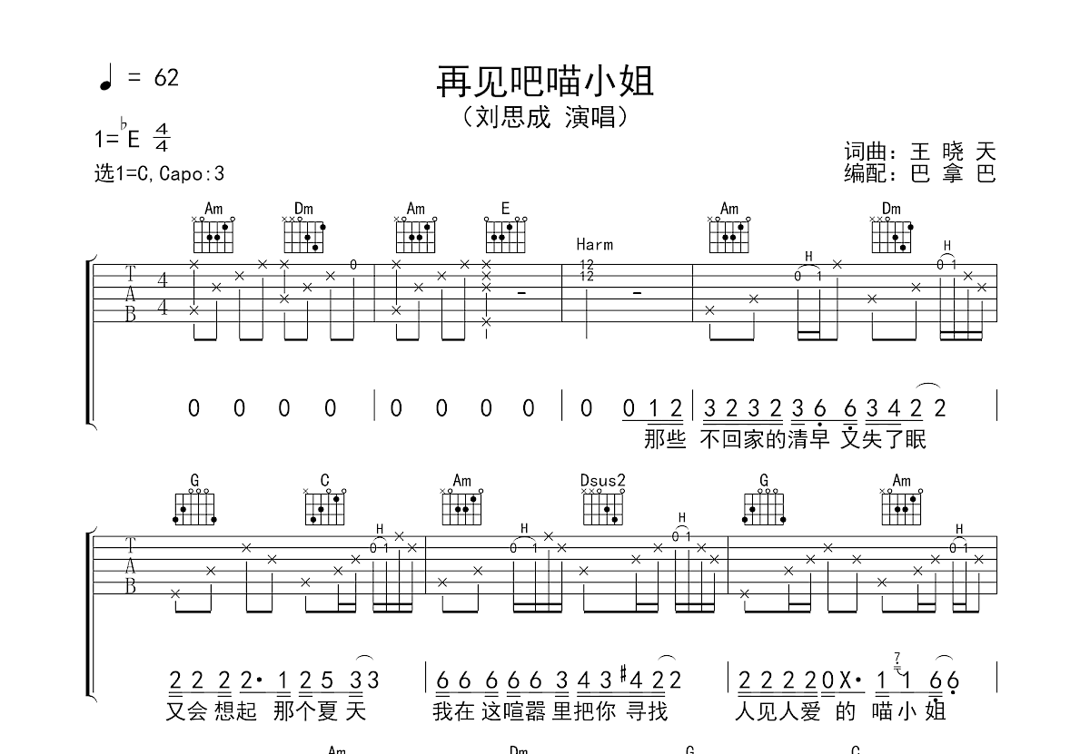 再见吧喵小姐吉他谱预览图