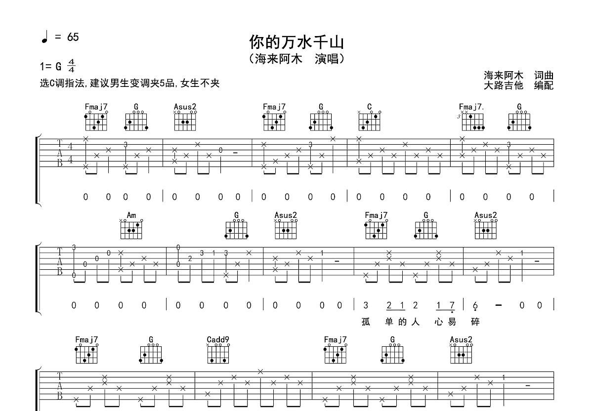 你的万水千山吉他谱预览图