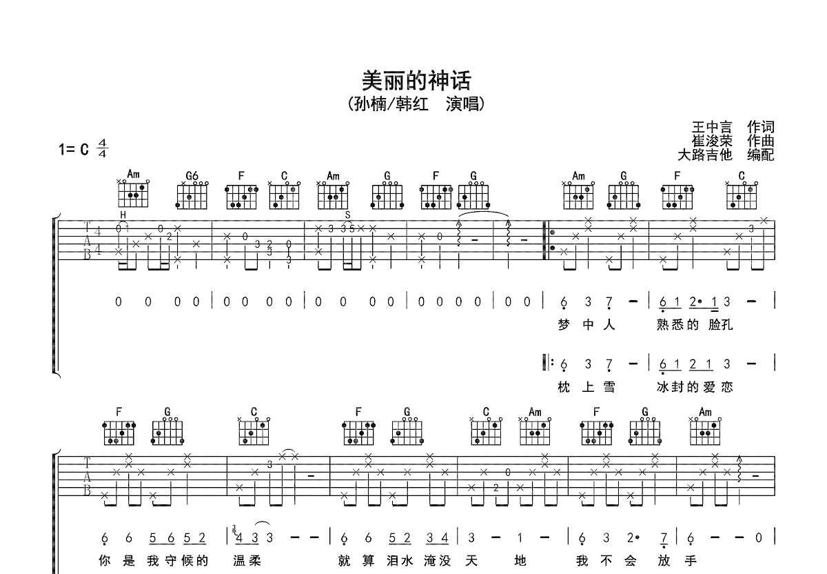 美丽的神话吉他谱预览图