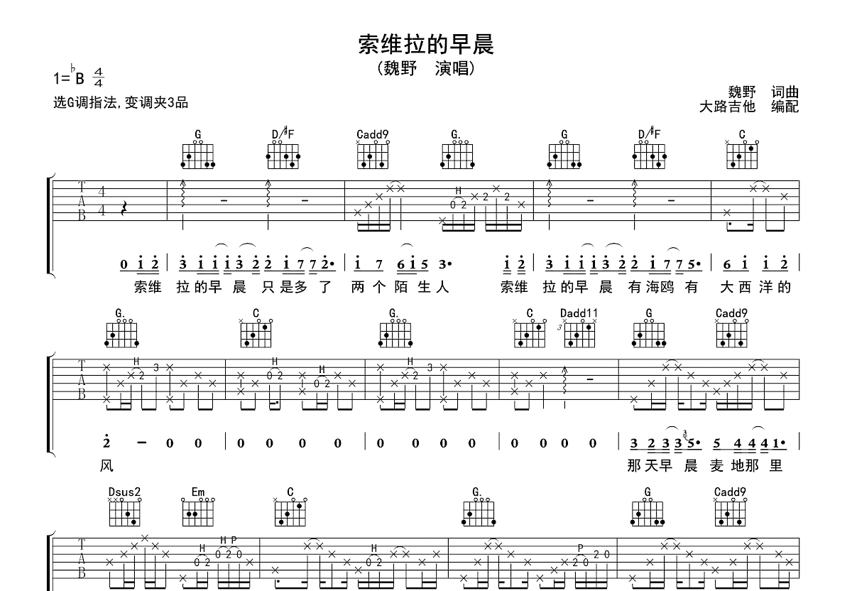 索维拉的早晨吉他谱_魏野_G调弹唱