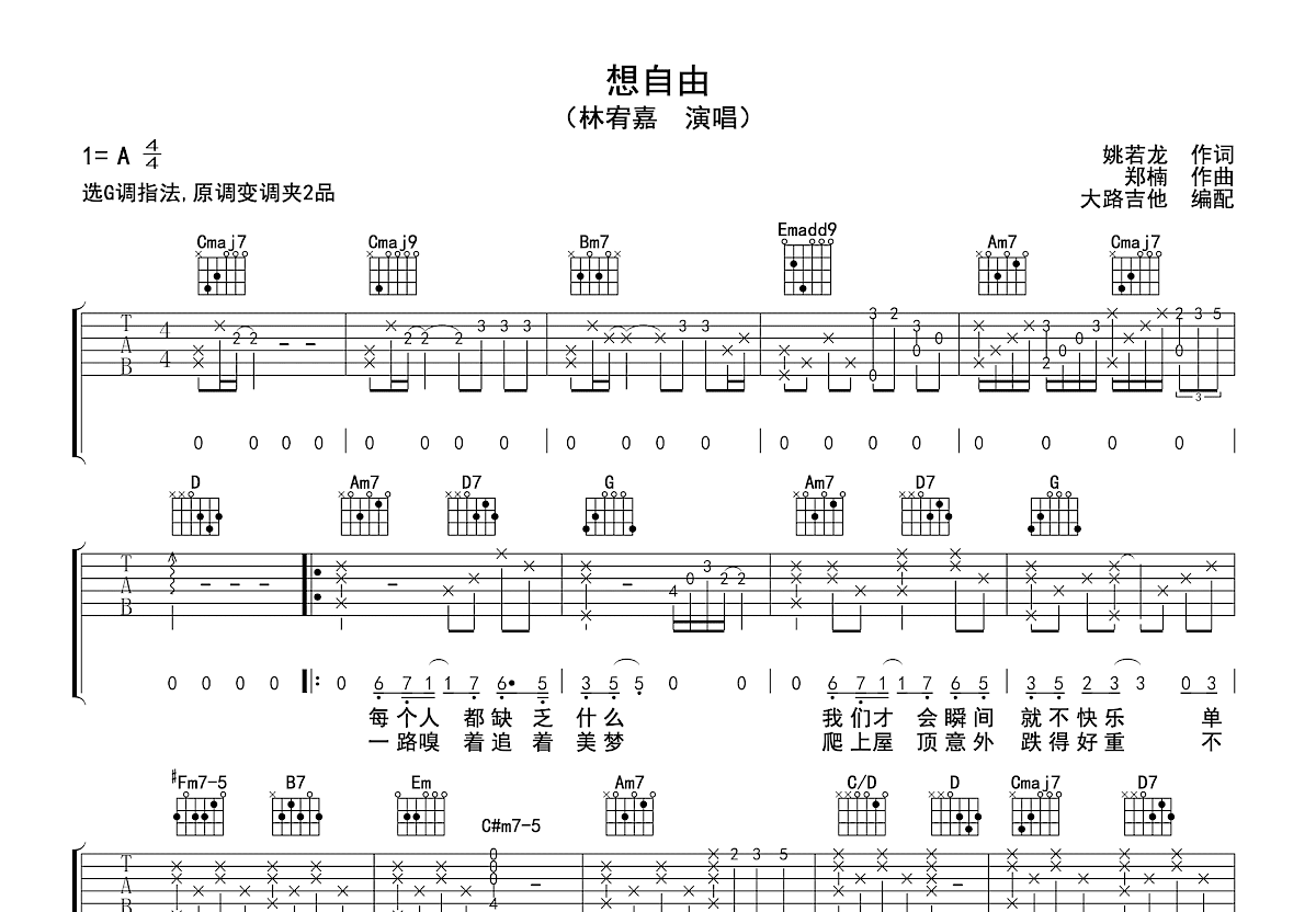 想自由吉他谱预览图