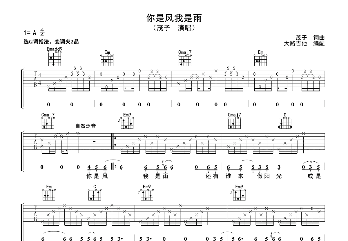 你是风我是雨吉他谱预览图
