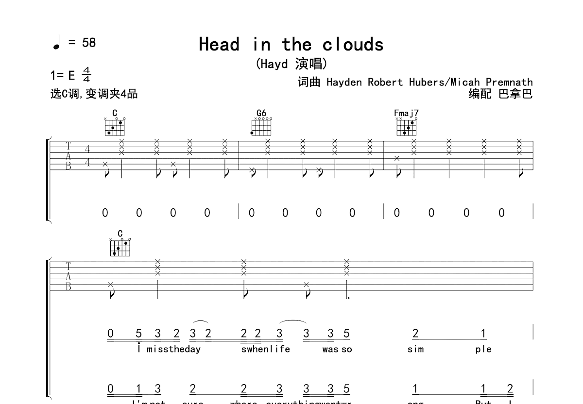 Head in the Clouds吉他谱预览图