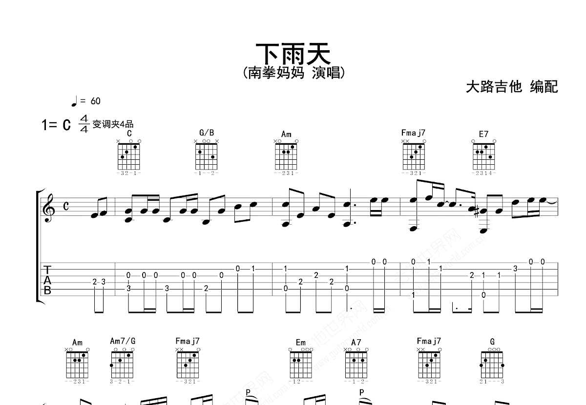 下雨天吉他谱_张杰_C调指弹