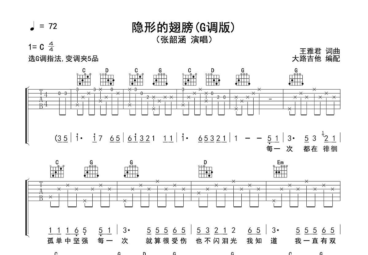 隐形的翅膀吉他谱预览图