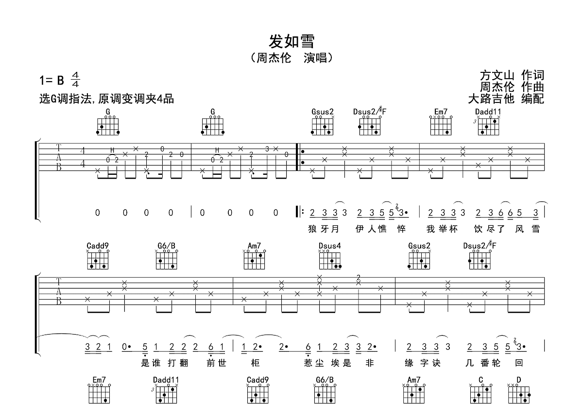 发如雪吉他谱预览图