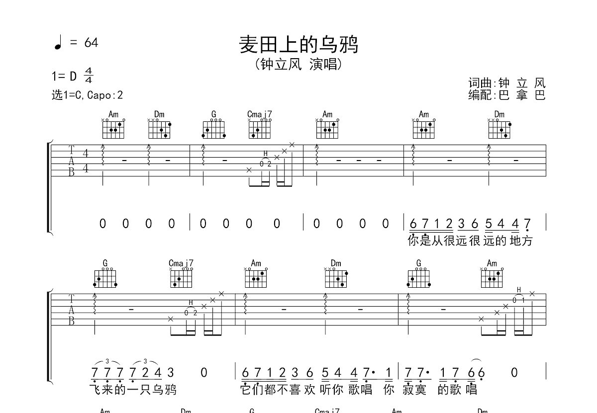 麦田上的乌鸦吉他谱预览图