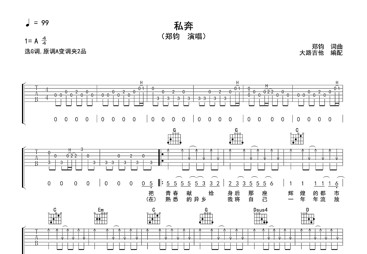 私奔吉他谱预览图