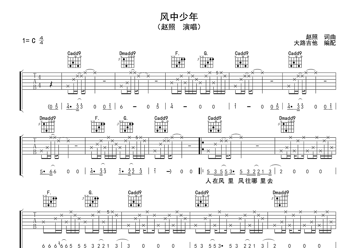 风中少年吉他谱_赵照_C调弹唱
