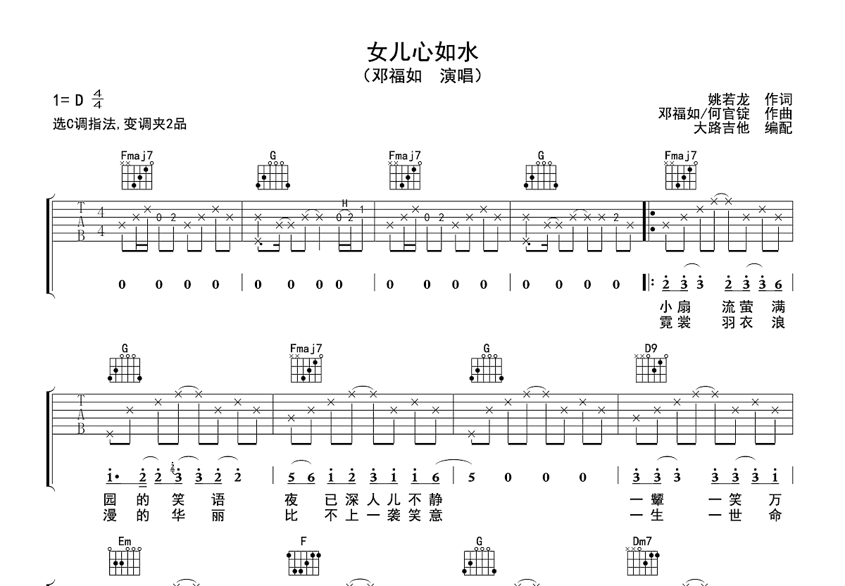 女儿心如水吉他谱预览图