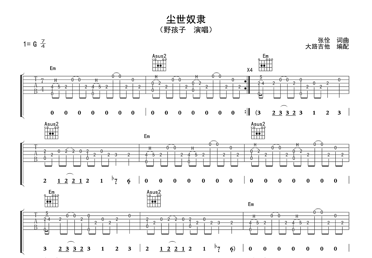 尘世奴隶吉他谱预览图