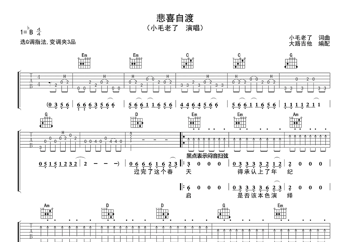 悲喜自渡吉他谱预览图